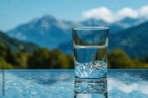 A Clear Glass of Water against a Mountainous Backdrop