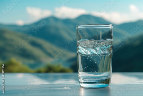 A Clear Glass of Water against a Mountainous Backdrop