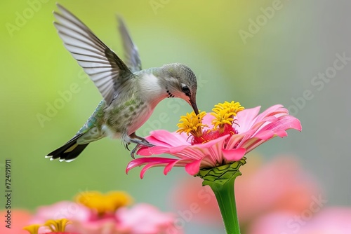 A delicate rubythroated hummingbird delicately perches upon a vibrant flower, showcasing the beauty and grace of nature in the great outdoors photo