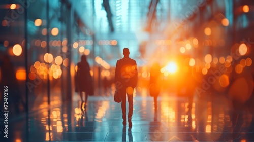 A Casual Business Environment with Blurred Figures and Bokeh Background