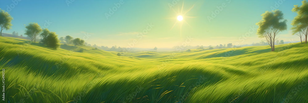 A landscape showcasing undulating green hills, sunlight evoking a sense of natural beauty in the early summer.