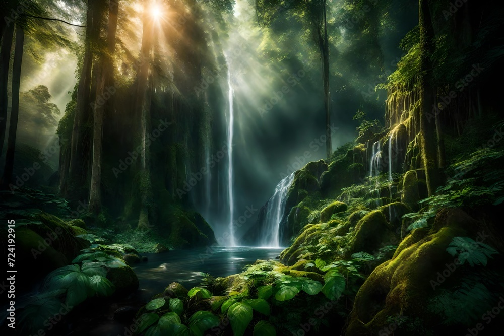 custom made wallpaper toronto digitalAn impressive waterfall cutting through the heart of a lush forest, its powerful waters creating a mist that hangs in the air, filtering the sunlight into ethereal rays