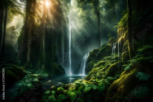 Wallpaper Mural An impressive waterfall cutting through the heart of a lush forest, its powerful waters creating a mist that hangs in the air, filtering the sunlight into ethereal rays Torontodigital.ca