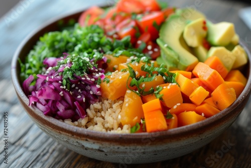 A beautifully crafted bowl filled with a rainbow of vegetables, grains, and proteins