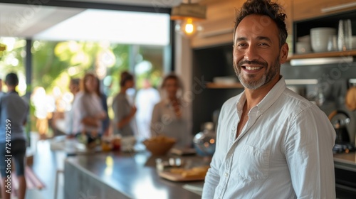 A bustling open house event with the real estate agent managing the flow of v...