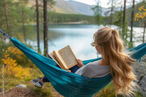 A tranquil woman escapes into nature, swaying in a hammock surrounded by trees, plants, and the soothing sound of a nearby lake as she indulges in a good book
