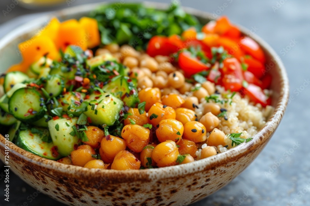 A beautifully crafted bowl filled with a rainbow of vegetables, grains, and proteins A beautifully crafted bowl filled with a rainbow of vegetables, grains, and proteins