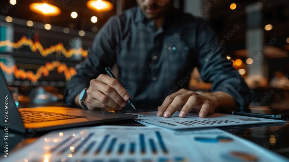 A businessman reviews financial graphs A businessman reviews financial graphs