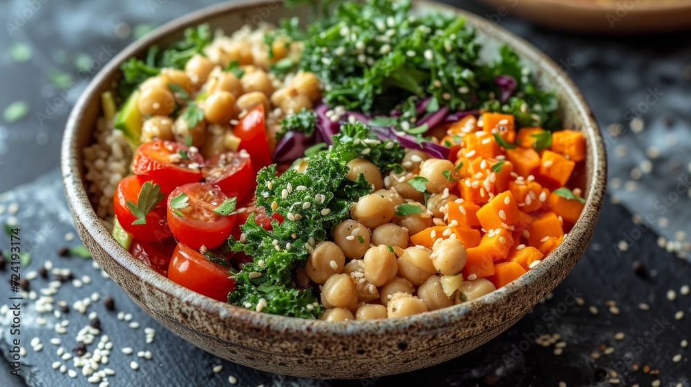 A beautifully crafted bowl filled with a rainbow of vegetables, grains, and proteins A beautifully crafted bowl filled with a rainbow of vegetables, grains, and proteins