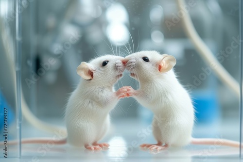 Two tiny rodents, belonging to the family muridae, share a tender moment as they touch noses, showcasing the beauty and intimacy of indoor animal relationships photo