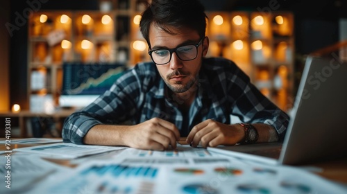 A businessman reviews financial graphs