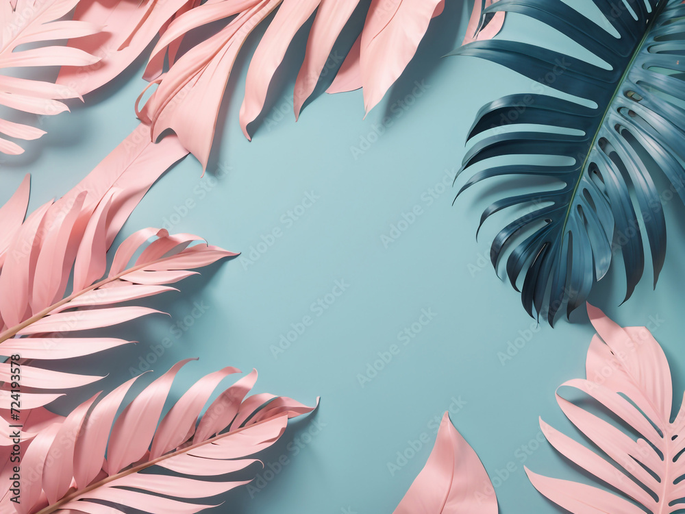 Tropical Elegance: Painted Palm Leaves on a Pastel Pink and Blue Background