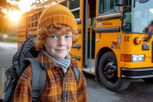 A young student eagerly waits for the school bus, dressed in a bright yellow jacket and cap, ready for the journey ahead