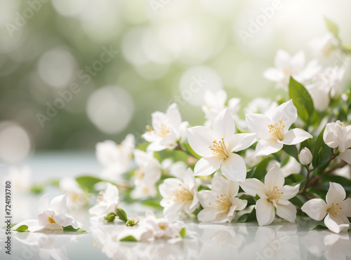 Blooms in Ivory: Panoramic Shot of Jasmine Flowers on a White Surface