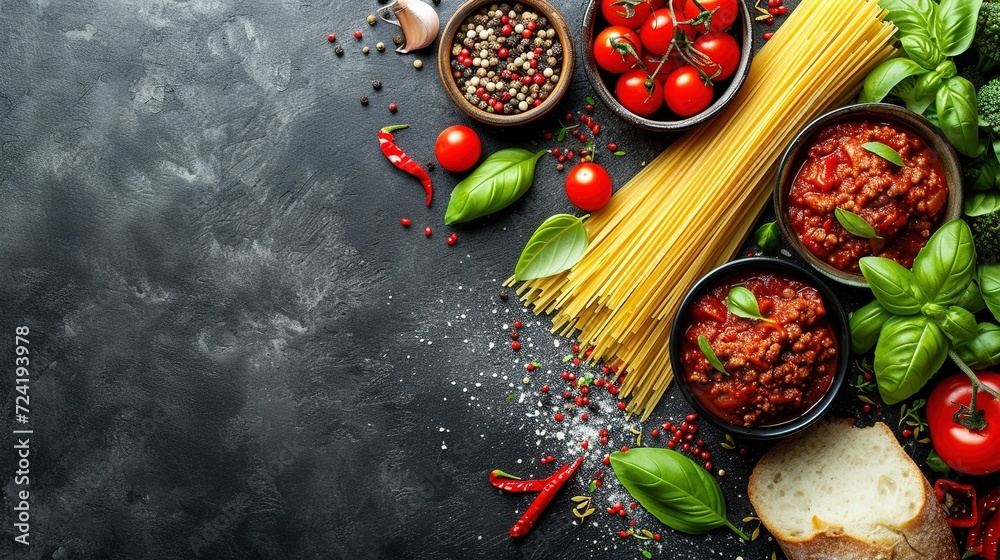 Food background. Italian food background with pasta, ravioli, tomatoes, olives and basil Food background. Italian food background with pasta, ravioli, tomatoes, olives and basil