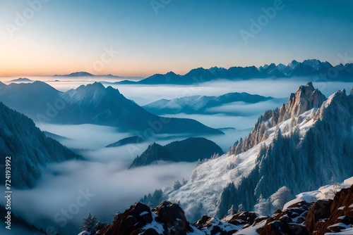 A tranquil morning scene, where layers of mountains rise majestically, their contours softened by the winter fog and the first light of day. photo