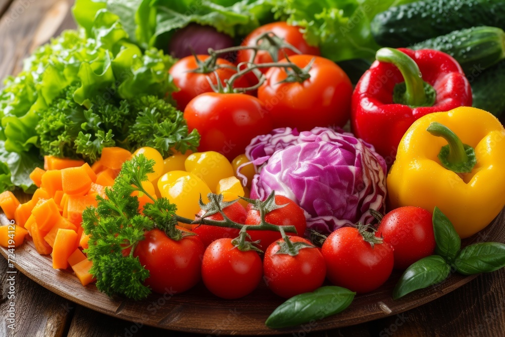 A colorful array of fresh vegetables artfully arranged on a plate A colorful array of fresh vegetables artfully arranged on a plate