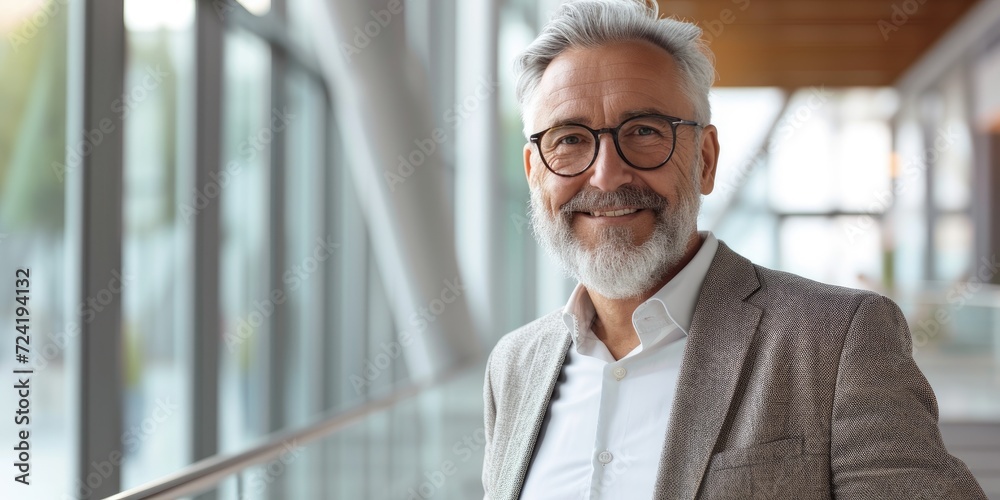 A successful smiling senior businessman consultant posing in a modern office A successful smiling senior businessman consultant posing in a modern office