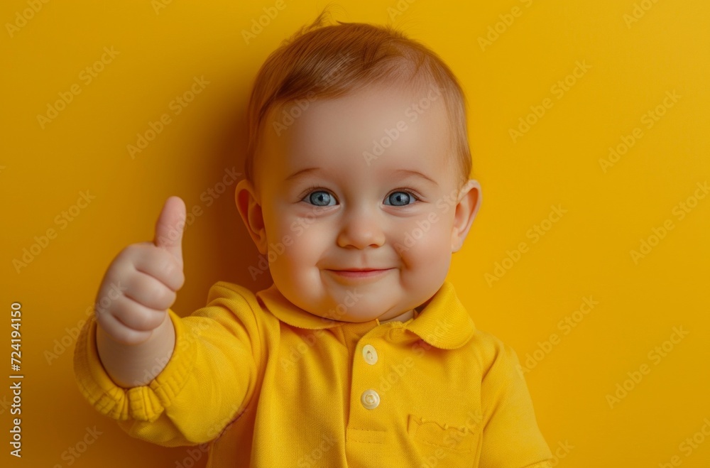 a 2 years old child with a thumbs up sign on a yellow background a 2 years old child with a thumbs up sign on a yellow background