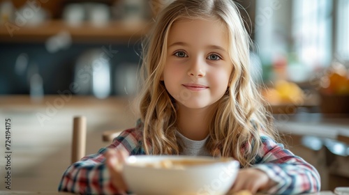 A beautiful girl 12 years old with blond hair eats soup while sitting in a li...