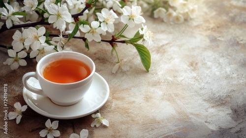 a cup of tea is on table with floral cherry branches large copyspace area