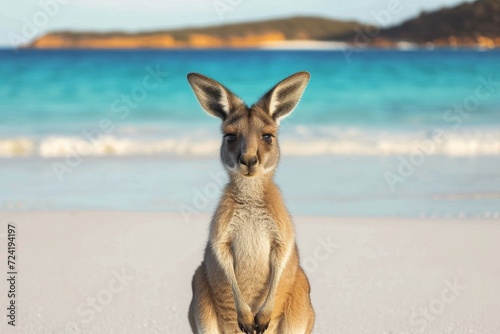 A majestic red kangaroo stands tall on the sandy beach, embodying the untamed spirit of australia's unique wildlife against the vast expanse of water and ground