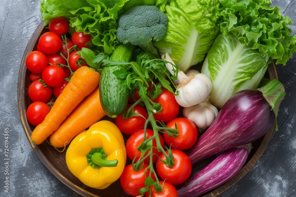 A colorful array of fresh vegetables artfully arranged on a plate A colorful array of fresh vegetables artfully arranged on a plate