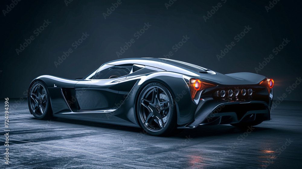 Bold, sleek sports car emerges from darkness, dynamic design accentuated by dramatic lighting, contours cutting through the shadows, an epitome of modern speed and style.