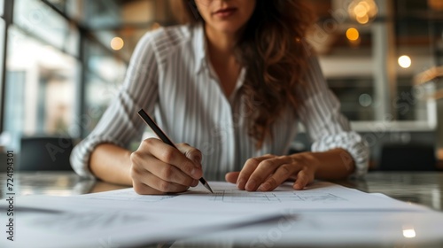 A close-up of a real estate agent meticulously reviewing and organizing paper...