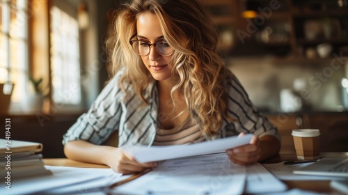 A close-up of a real estate agent meticulously reviewing and organizing paper...