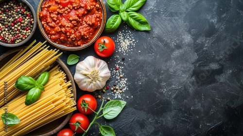 Food background. Italian food background with pasta, ravioli, tomatoes, olives and basil