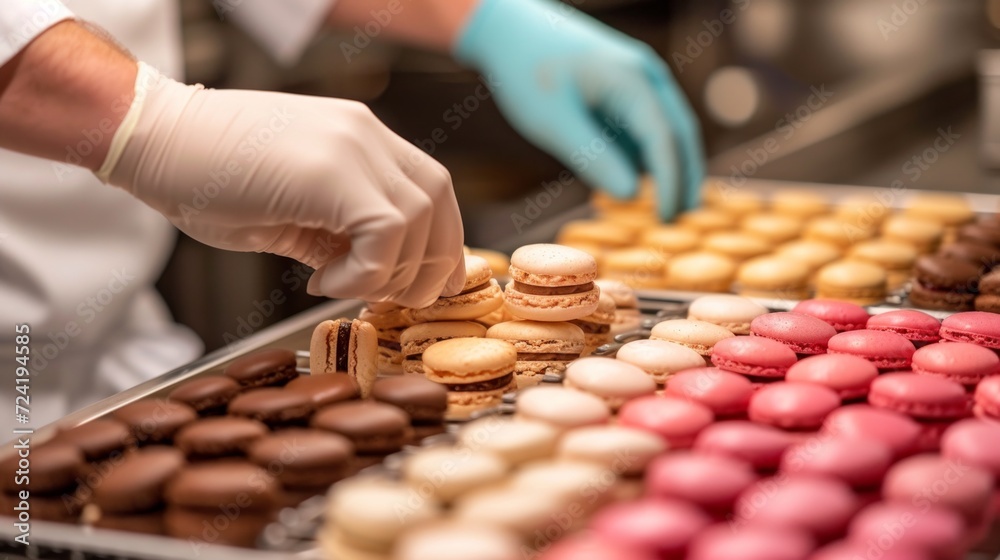 A close-up of a pastry chef creating a symphony of colorful macarons A close-up of a pastry chef creating a symphony of colorful macarons