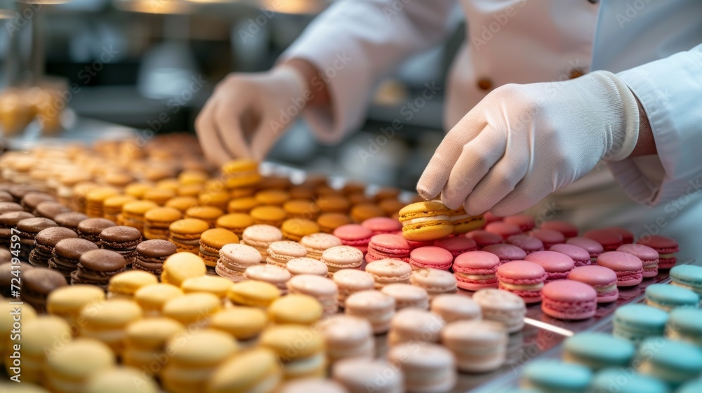 A close-up of a pastry chef creating a symphony of colorful macarons A close-up of a pastry chef creating a symphony of colorful macarons