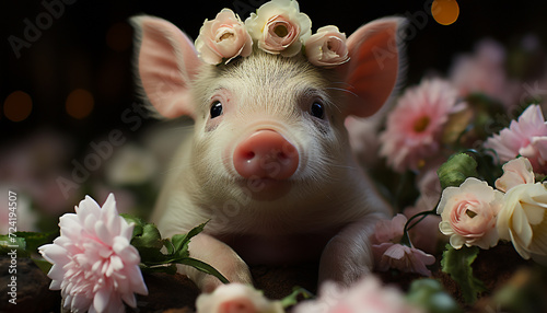 Cute pink piglet looking at flower, nature adorable beauty generated by AI photo