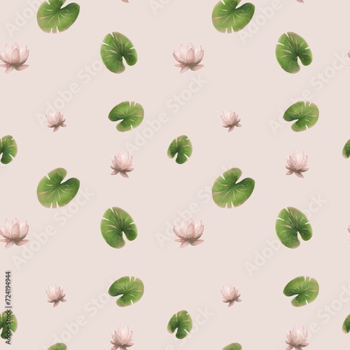 Small cute river plant leaves and lilies on a pink background