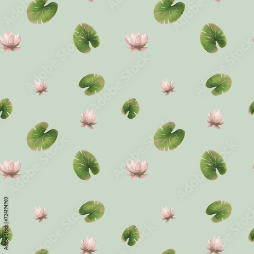 Small cute river plant leaves and lilies on a green background