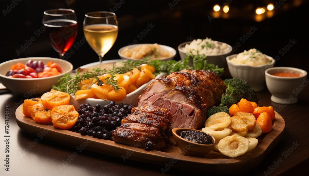 Grilled meat and vegetables on a rustic wooden plate generated by AI Grilled meat and vegetables on a rustic wooden plate generated by AI