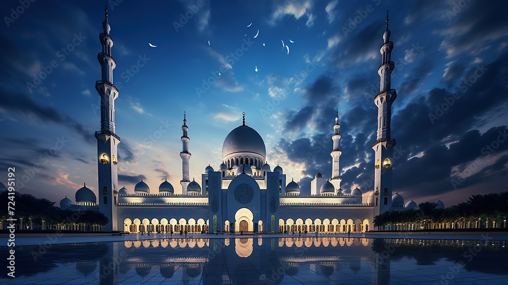 view of the mosque at night with beautiful clouds - obrazy, fototapety, plakaty 