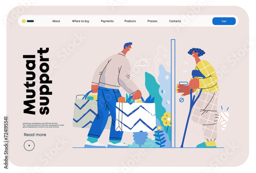 Mutual Support Buying groceries for ill neighbor -modern flat vector concept illustration of man carrying shopping bags for woman on crutches Metaphor of voluntary, collaborative exchanges of services