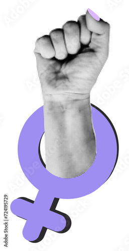 Collage element human hand raised with female symbol isolated on transparent background. Halftone sticker with female fist for International women's day, gender equality concept. Vector illustration