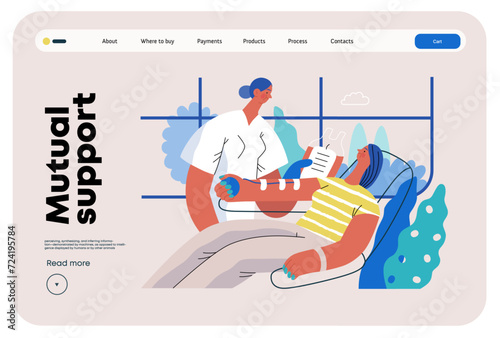 Mutual Support: Blood donation -modern flat vector concept illustration of a nurse and woman donating blood A metaphor of voluntary, collaborative exchanges of resource, services