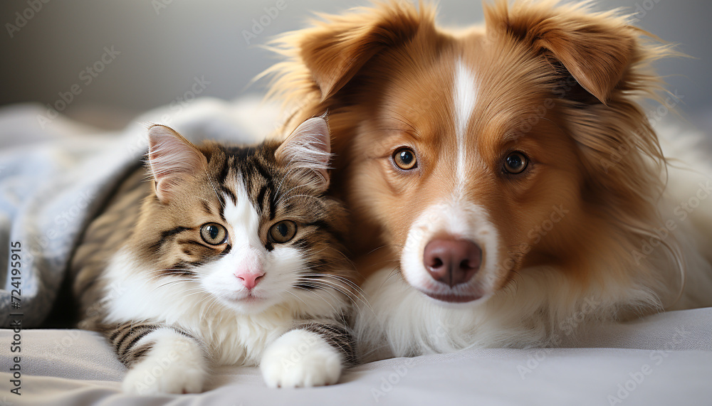 Cute puppy and fluffy kitten playing together on cozy bed generated by AI Cute puppy and fluffy kitten playing together on cozy bed generated by AI