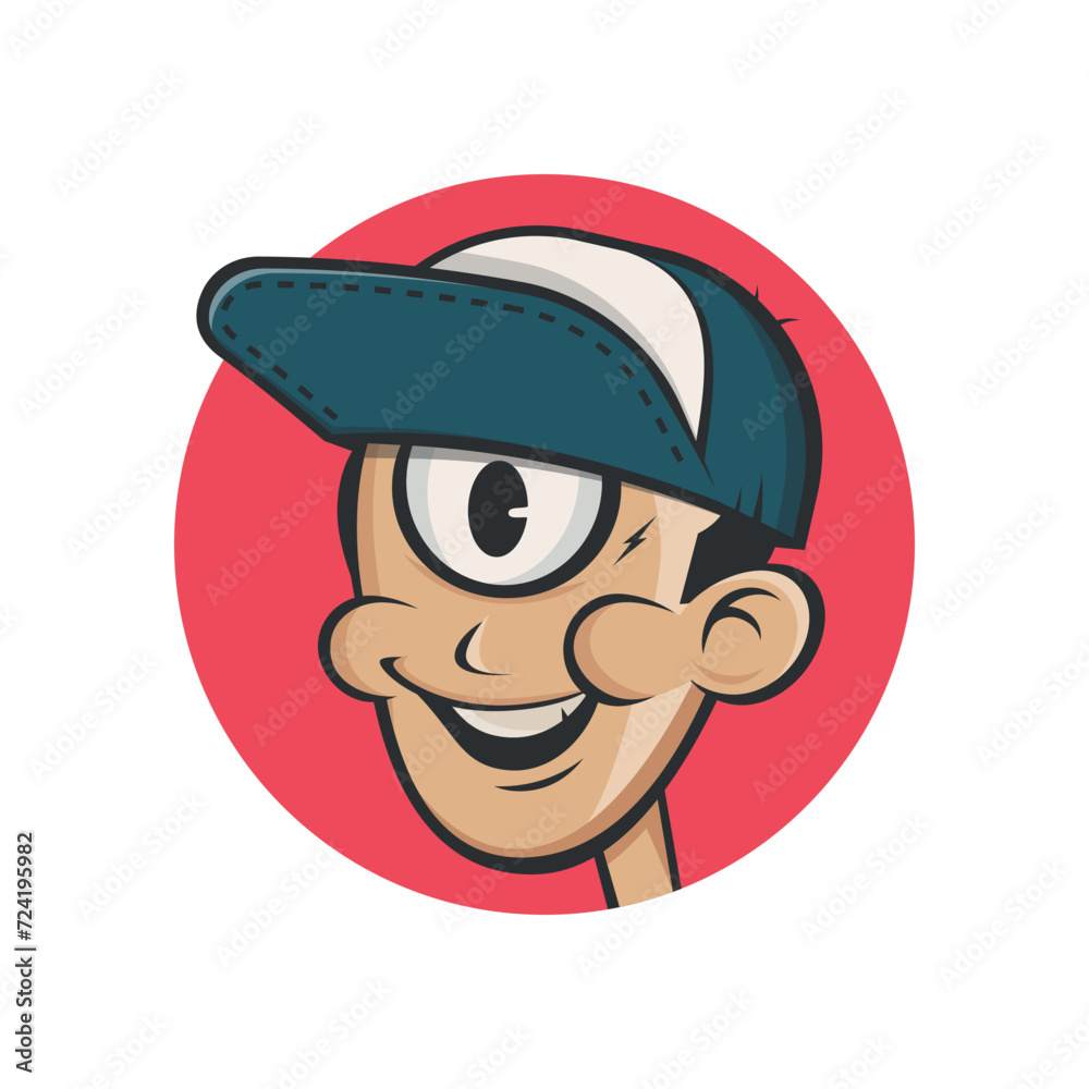 funny cartoon illustration of a head with cap and one eye