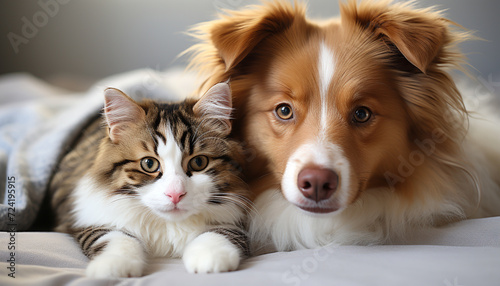 Cute puppy and fluffy kitten playing together on cozy bed generated by AI