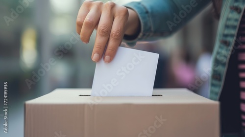 Close up of woman hand putting voting paper in ballot box with blur background. Voting concept. © Petrova-Apostolova