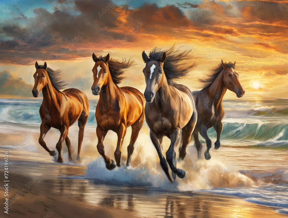 Wild Horses Running on the Seashore - Art Wild Horses Running on the Seashore - Art