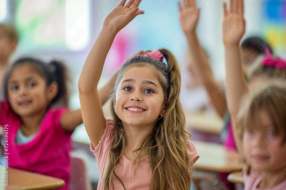 A young girl with a beaming smile raises her hand in an eager classroom setting.