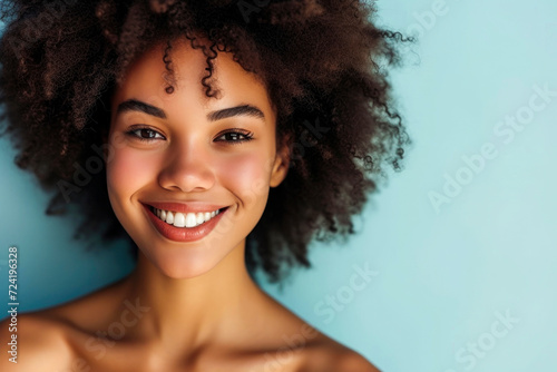young woman smiling whit perfect skin and copy space, skincare concept.