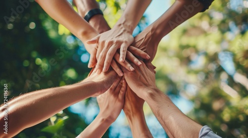 Hands, stack and team building, business people and support with winning, planning and mission, low angle and trust. Corporate community, success and solidarity, collaboration and palm with synergy
