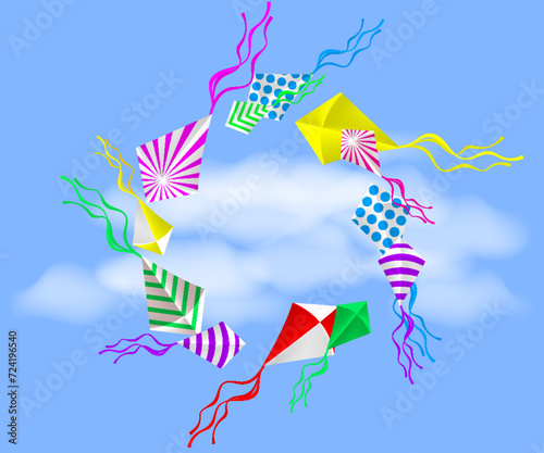 Color air kites in the cloudy sky. Kite festival background